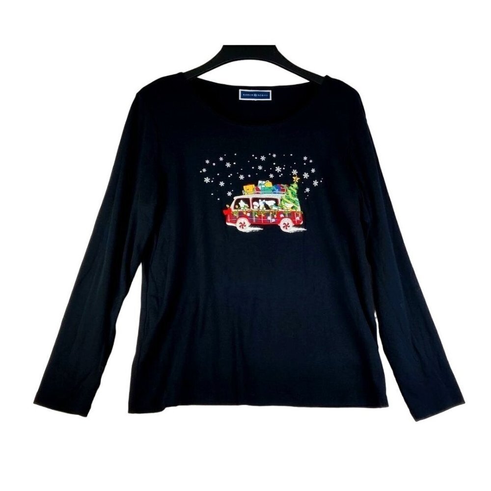 Christmas Top long-sleeved T-shirt Scoop Neck Black Holiday Pets Dogs Van Gifts